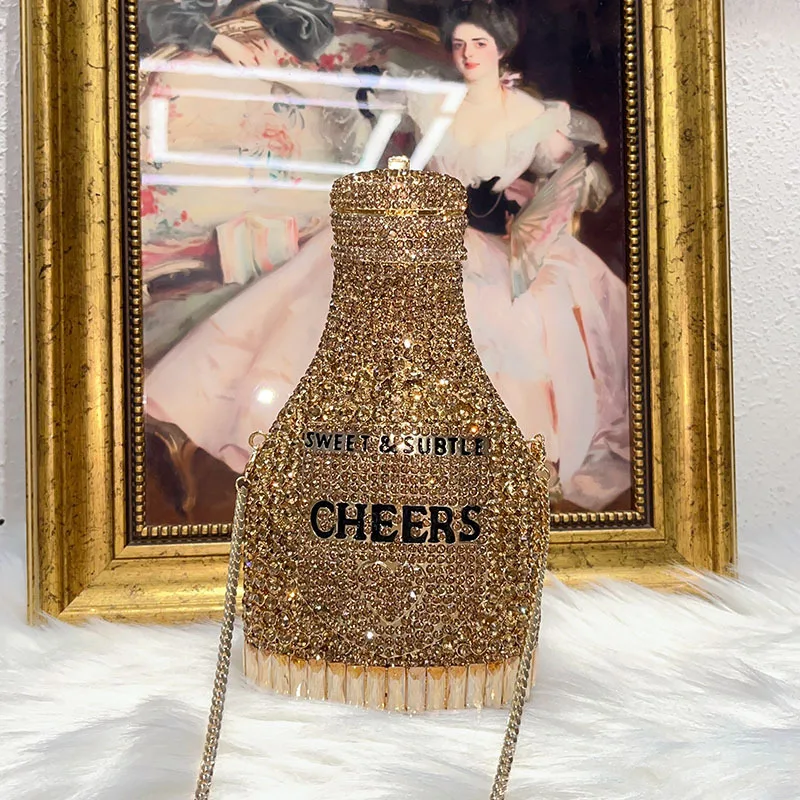 

Модный высококачественный креативный флакон шампанского с бантом и бриллиантами, обеденная сумка, роскошный хрустальный клатч из сплава с блестками, гламурный вечерние клатч