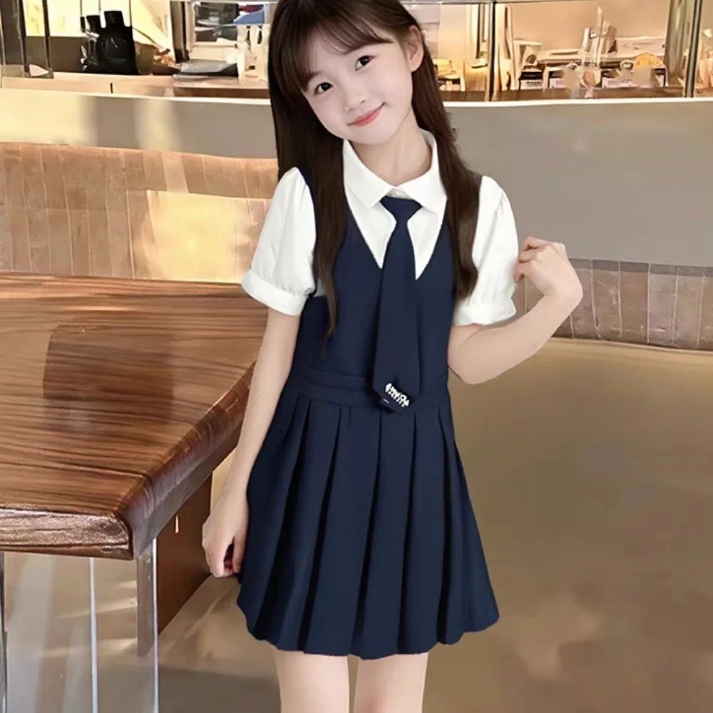 

Loose Pleated Fake Two Dress Short Sleeve Teenagers Summer Girls Dresses Skirts Preppy Style Children A-line Dress Holiday