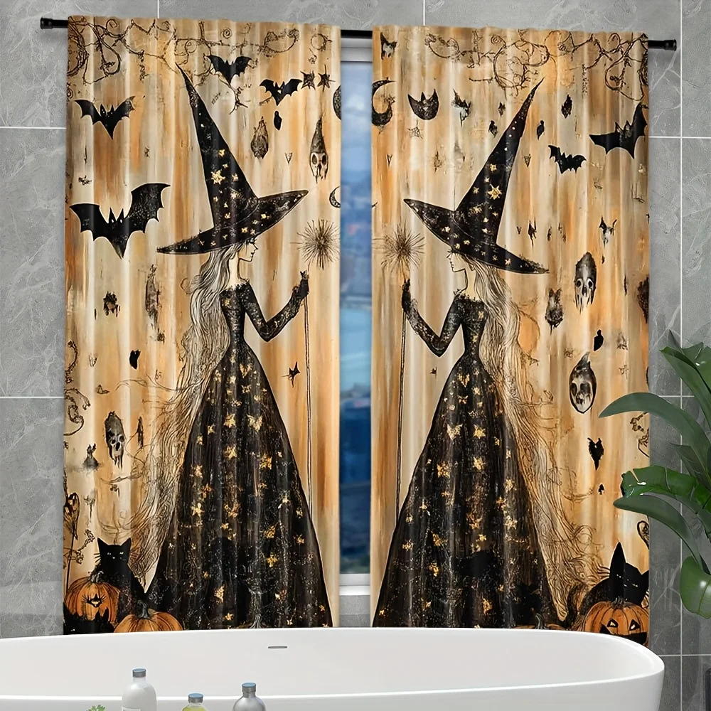 Spooky Halloween Witch Costume Curtain Black Gold Gothic Haunted House Festival Decor Window Curtain