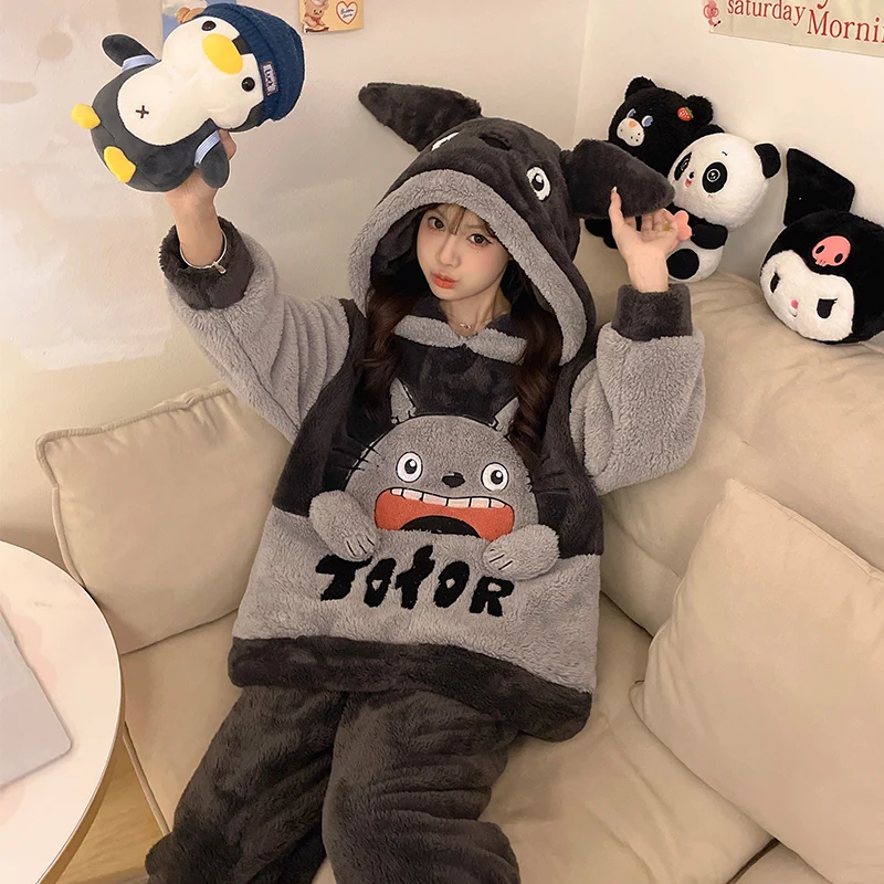 

Women Winter Pajama Sets Girl Long Sleeve Thick Flannel Coral Sleepwear Female Velvet Cartoon Suits Pyjamas Two pieces Homewear