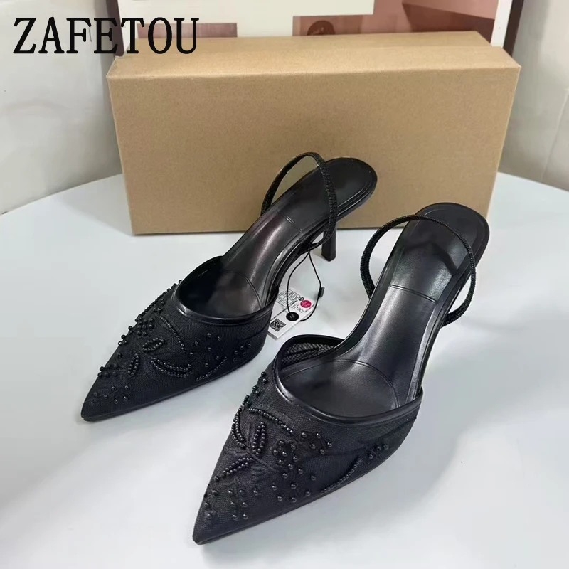 Zafetou Shoes Women 2024 Winter New Elegant National Style Mesh High Heels Embroidered Beaded Exposed Heels Women's Sandals