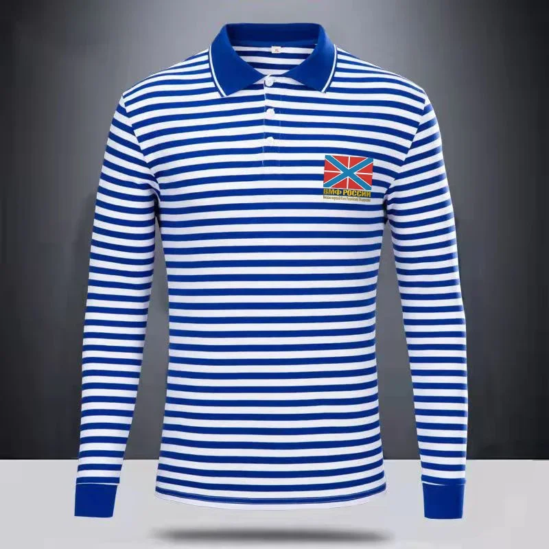 Russian Naval Jack Flag Emblem Sailor Stripes Polo Shirts 100% Cotton Long Sleeve Mens Striped T-Shirt Telnyashka Top view 2