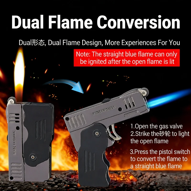 

Dual-Flame Transformable Gun Lighter, Windproof Jet & Open Flame, Novelty EDC Lighter for Outdoor Camping, Gift for Men