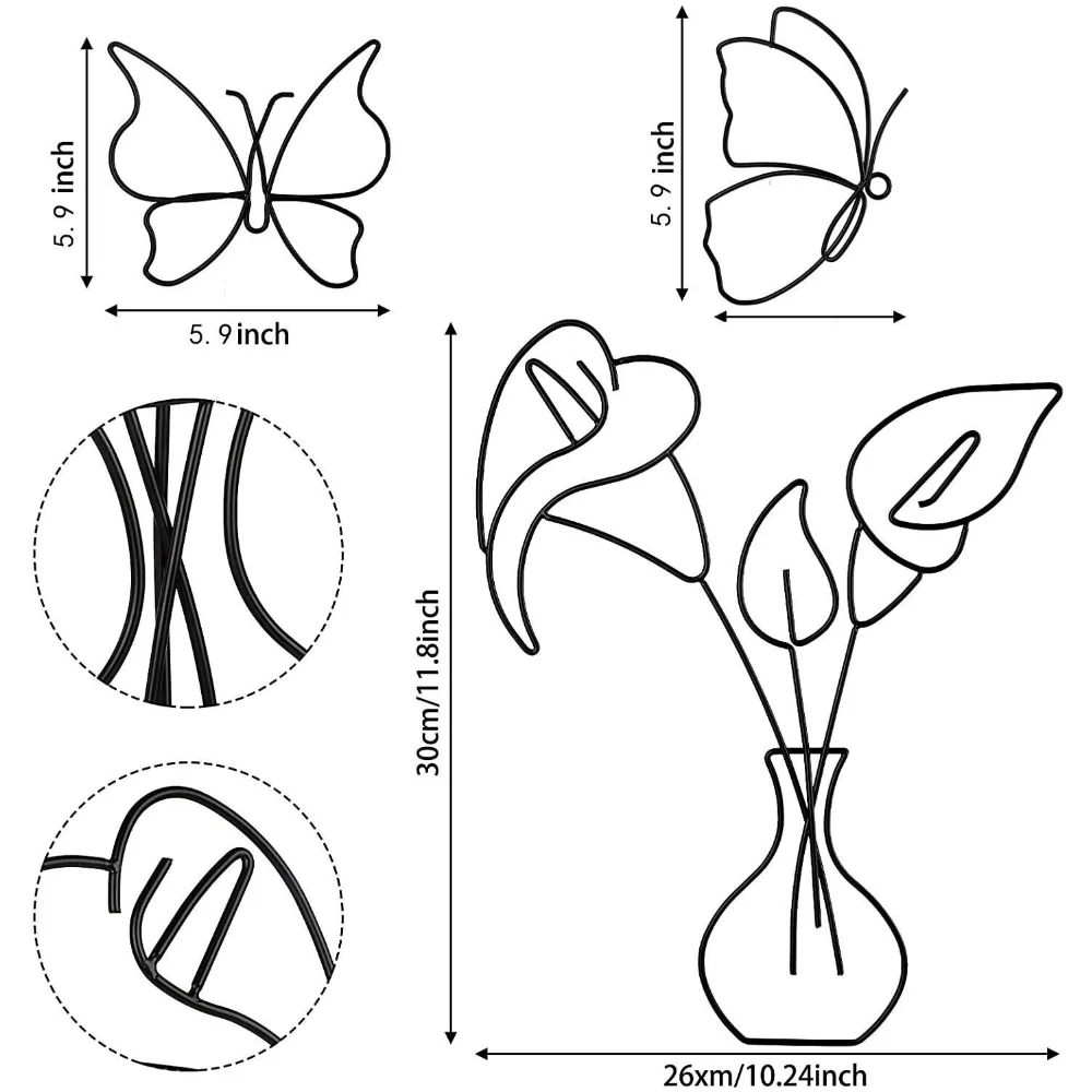 Décoration murale papillon en métal, 4 pièces, guirlandes, Art mural papillon Four Pieces Butterfly Metal Wall Art Garland Decor