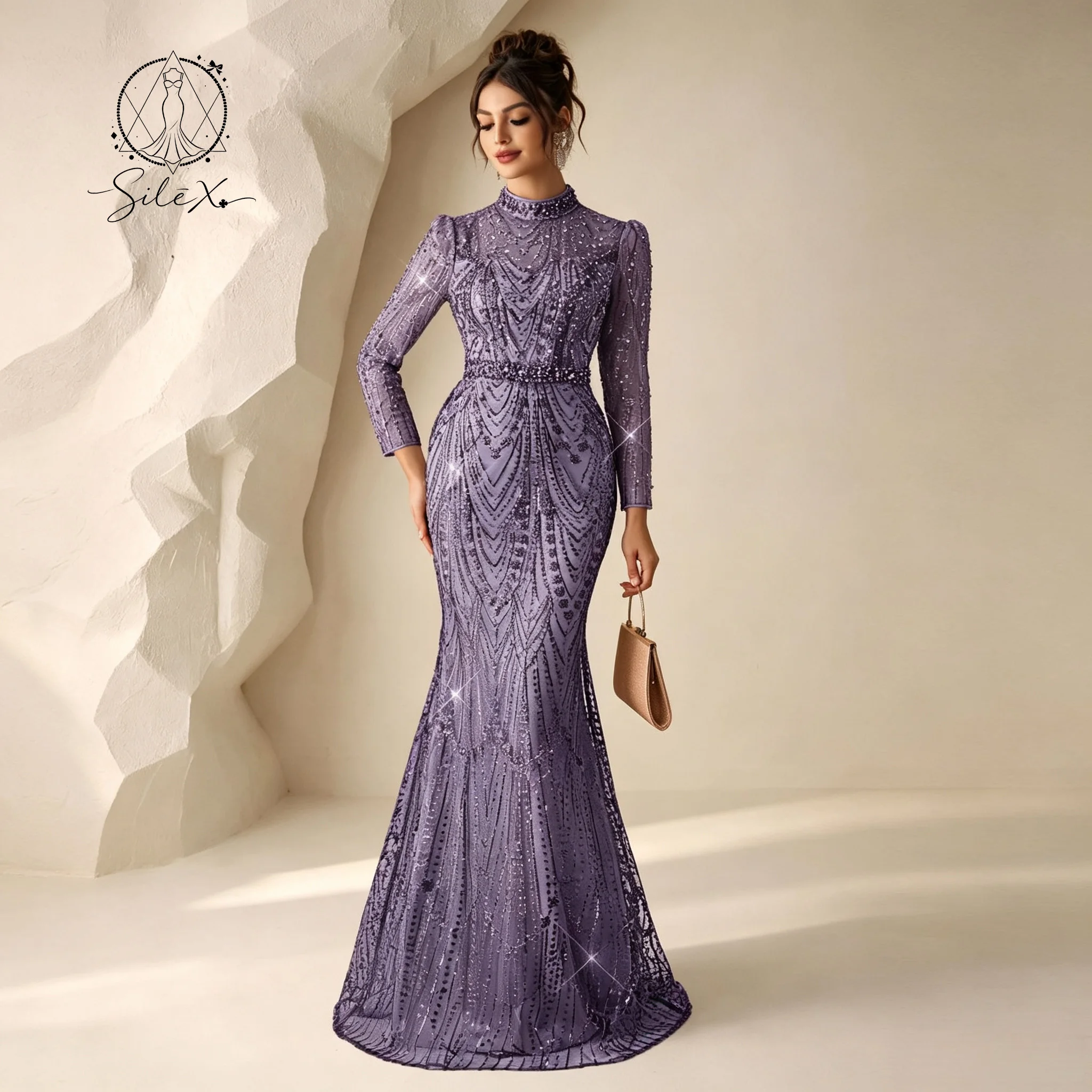 Lavender Sequin Lace Mermaid Formal Gown High Neck Long Sleeve Fitted Waist Elegant Women Banquet Wedding Evening Dress - view 2