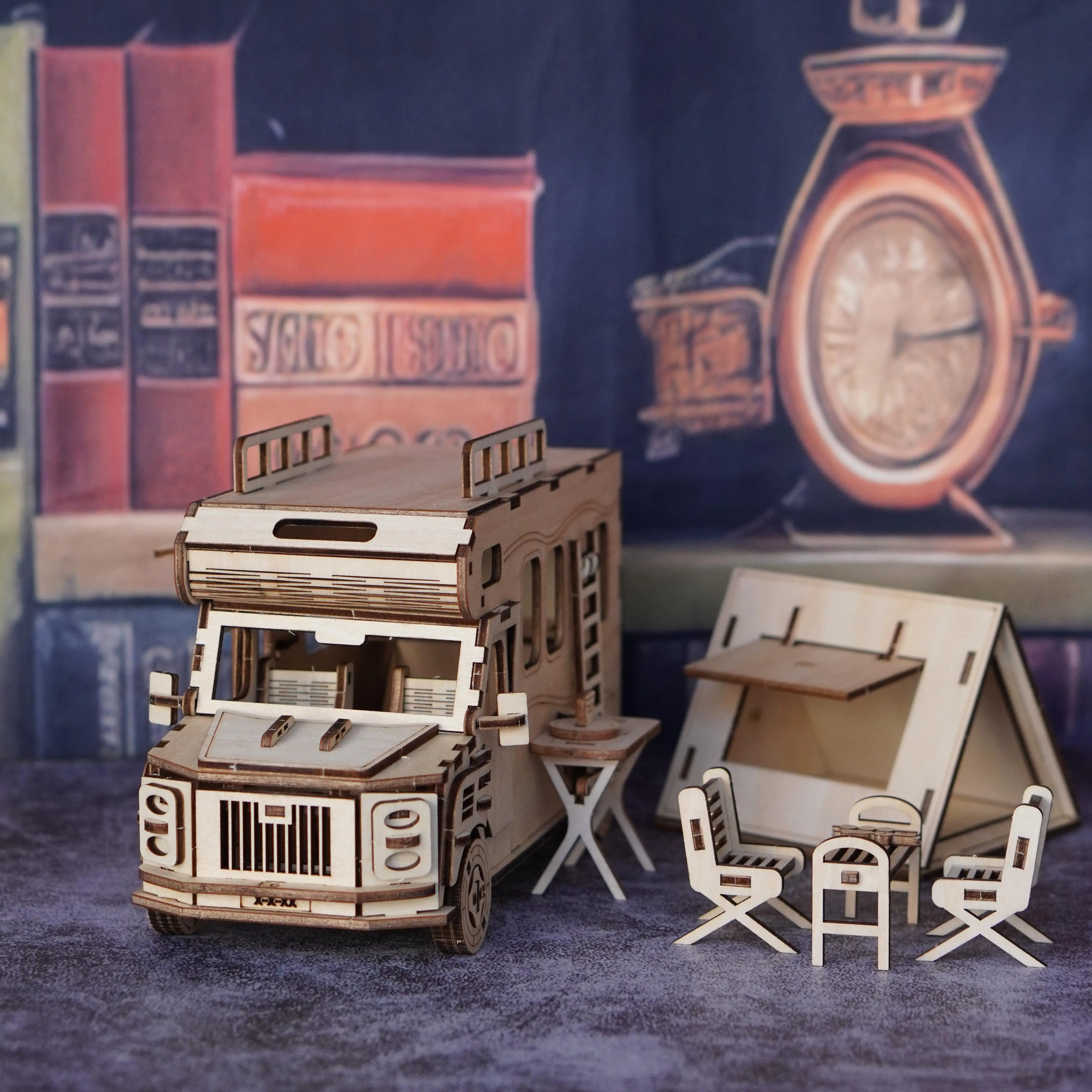 โมเดลประกอบรถบ้านไม้ 3 มิติ แบบตัวต่อ ของเล่นบล็อกไม้สำหรับกิจกรรมกลางแจ้ง เหมาะสำหรับเป็นของขวัญให้เพื่อนและครอบครัว