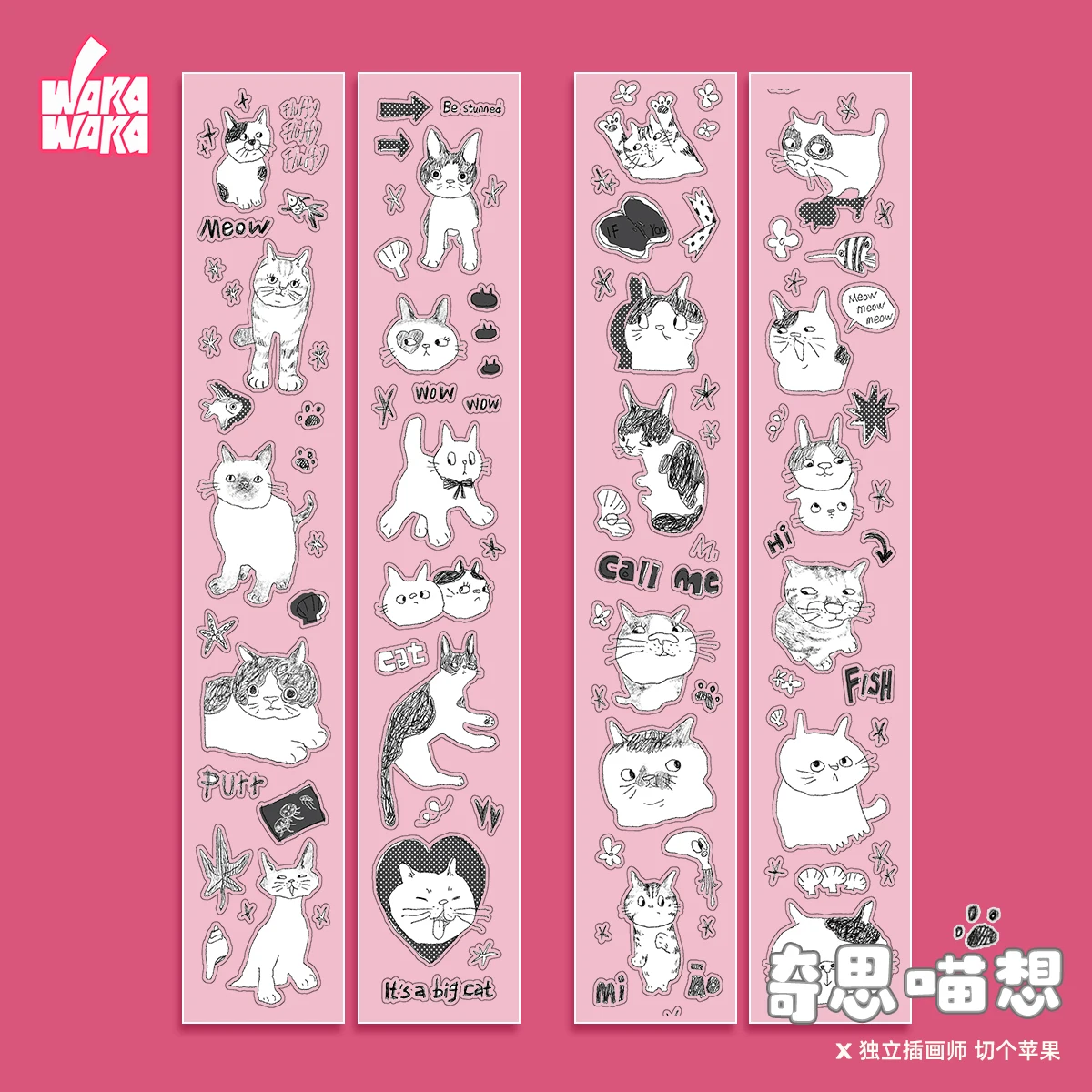 

WAKAWAKA Cats Stationery Sticker Roll Frosted PET Stickers 3M Salt Style Cute Doodle Scrapbook Collage Decor Supplies