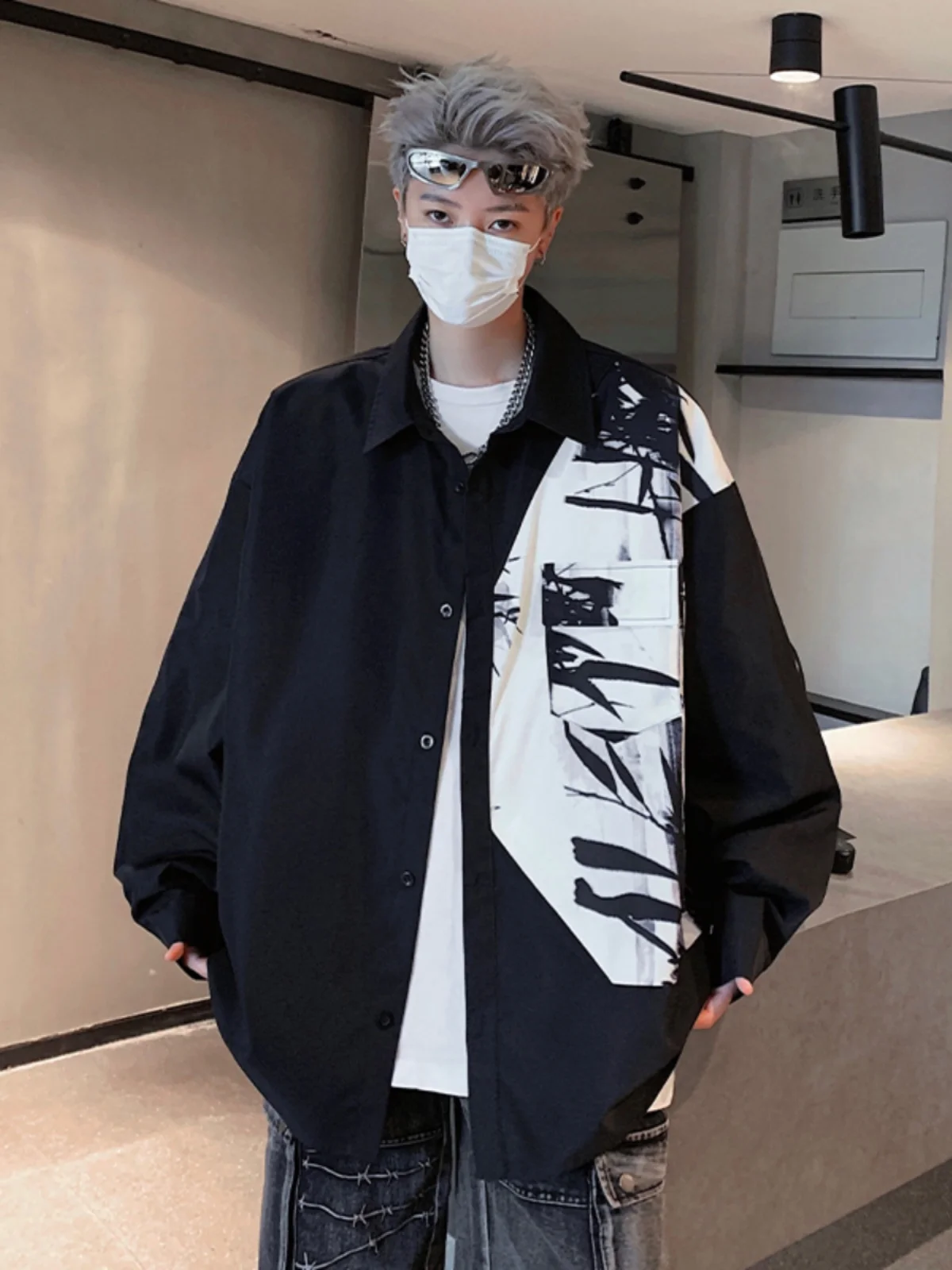 

New Chinese Sle Long Sve Men's irt Autumn Ink Painting Bla Sun Protection Loose Fit Polyester Fiber Youth Faion