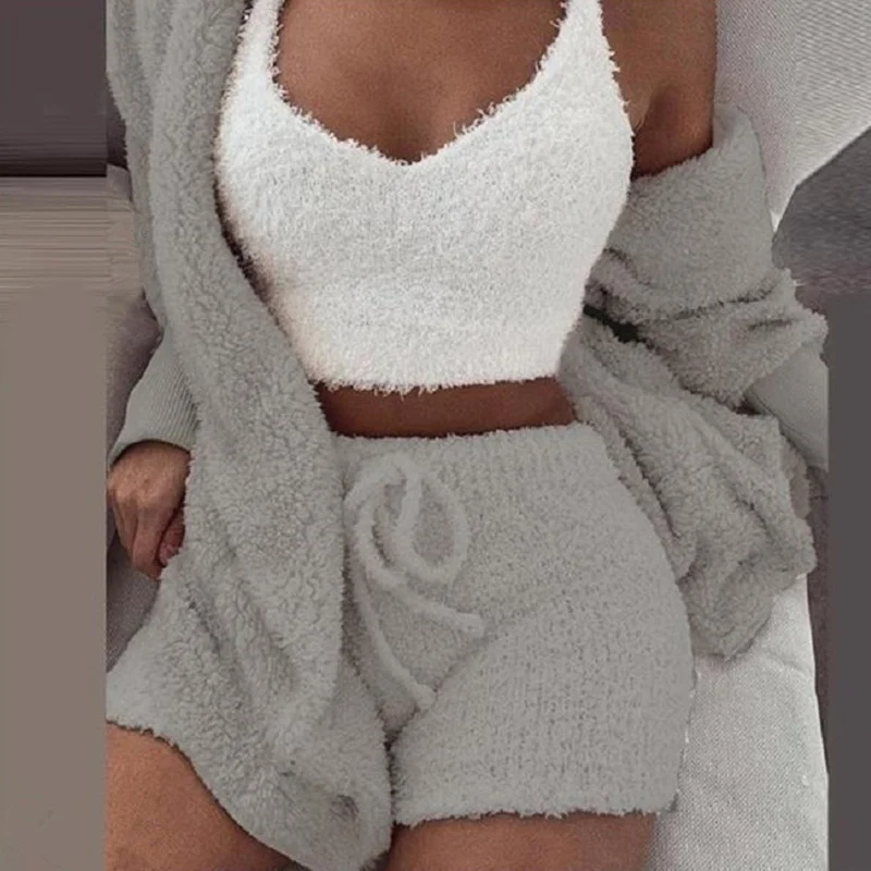 Plush Home Three-piece Pajamas Women Casual Pajamas Vest Shorts Plus Size Hoodie Casual Jumpsuit Winter Fluffy Pajamas Suit