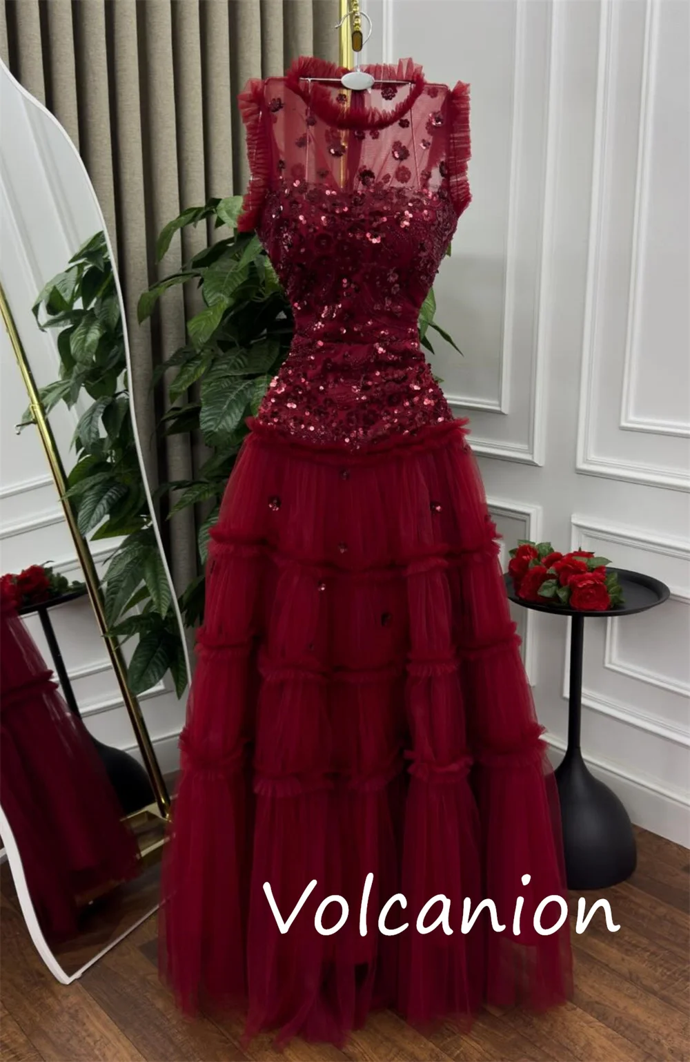 Customized Sparkle Net Sequined Pleat A-line Scoop Neck Long Dresses Bespoke Occasion Modern Style Simple