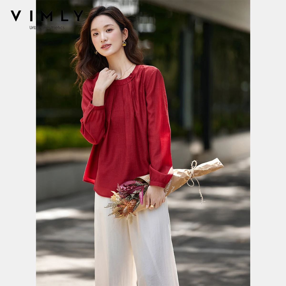 

VIMLY Pants Sets Woman 2 Piece Women Casual 2025 Autumn New Lyocell Round Neck Full Sleeve Tops Wide Legs Long Trousers A2878