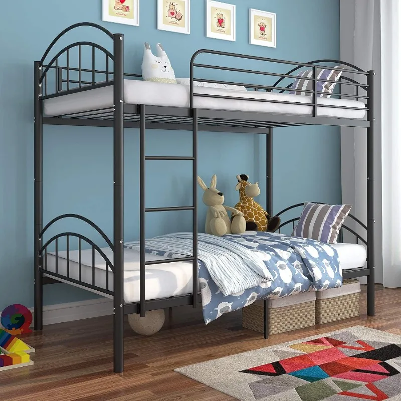 Metal Bunk Beds Frame Twin Over Twin, Convertible Into 2 Individual Metal Bed Frame, Removable Ladder & Safety Guard Rail(Black)