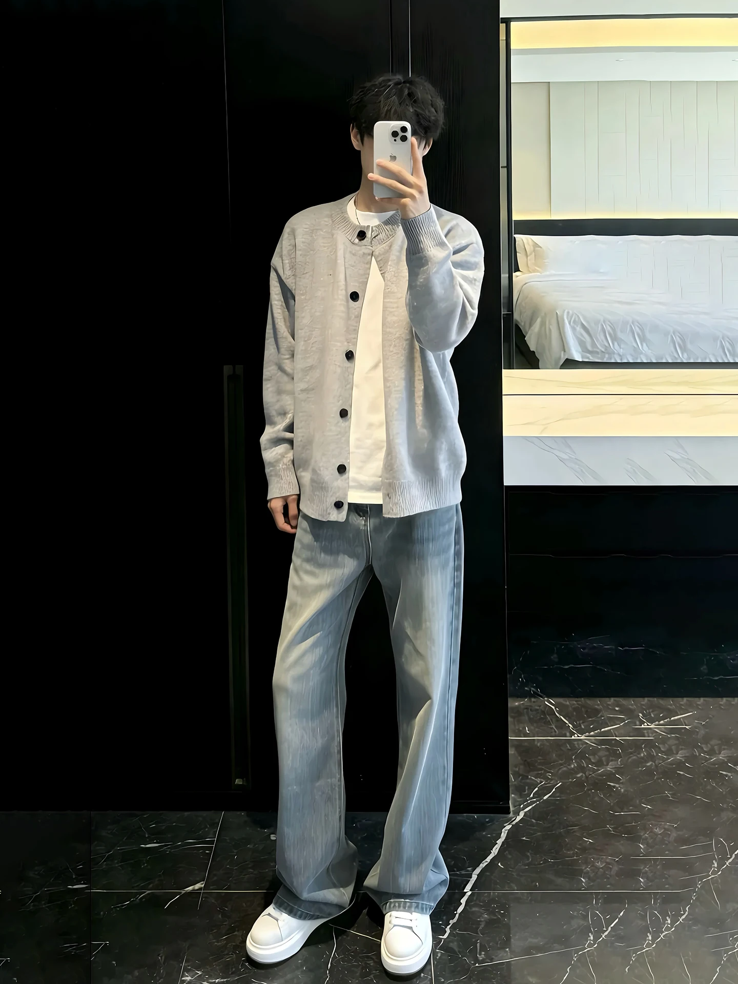 

Retro Blue Bamboo Knot Pattern Men's Jeans Spring Cleanfit High Street Straight Knife Micro Flare Pants American Style Cotton...