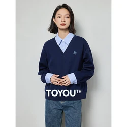 TOYOUTH Women Fake Two Piece Sweatshirt 2024 Autumn New Contrasting Pathwork Striped Polo Collar Long Sleeve Casual Pullover Top