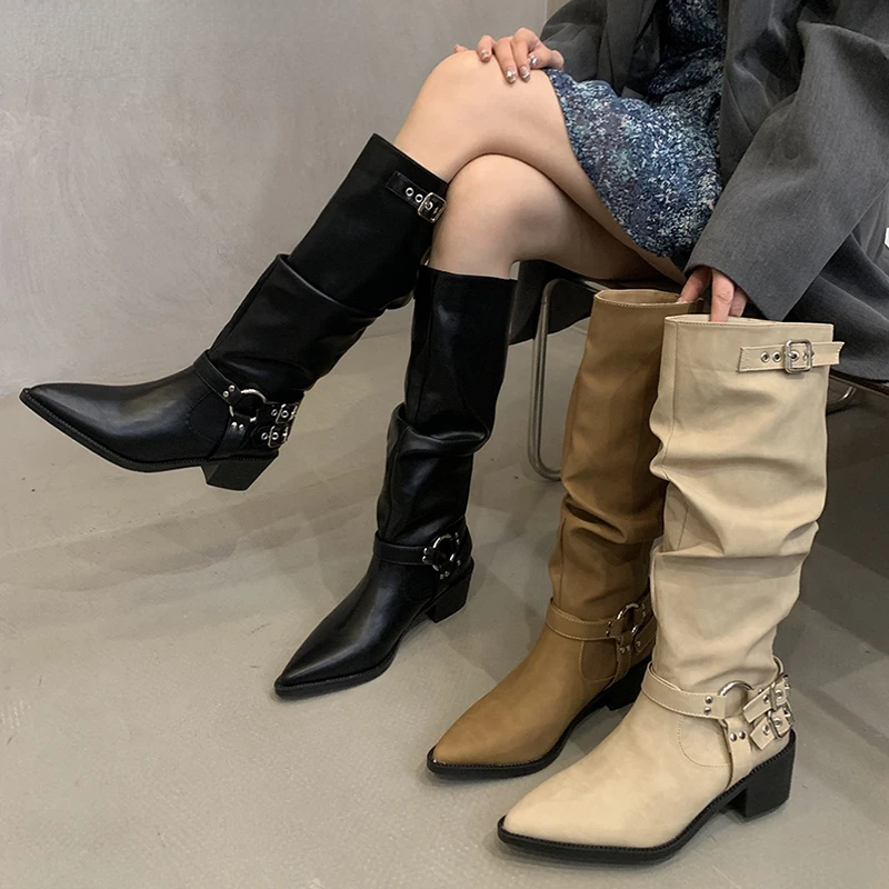 Winter Western Cowboy Boots Women Fashion Slip On Long Boots Female Elegant Square Heel Women's Knight Botties