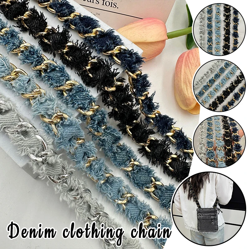 90cm Denim Braided Metal Chain Lace DIY Clothing Shoes Hats and Bags Decorative Chain Denim Fabric Trim Strips Materials