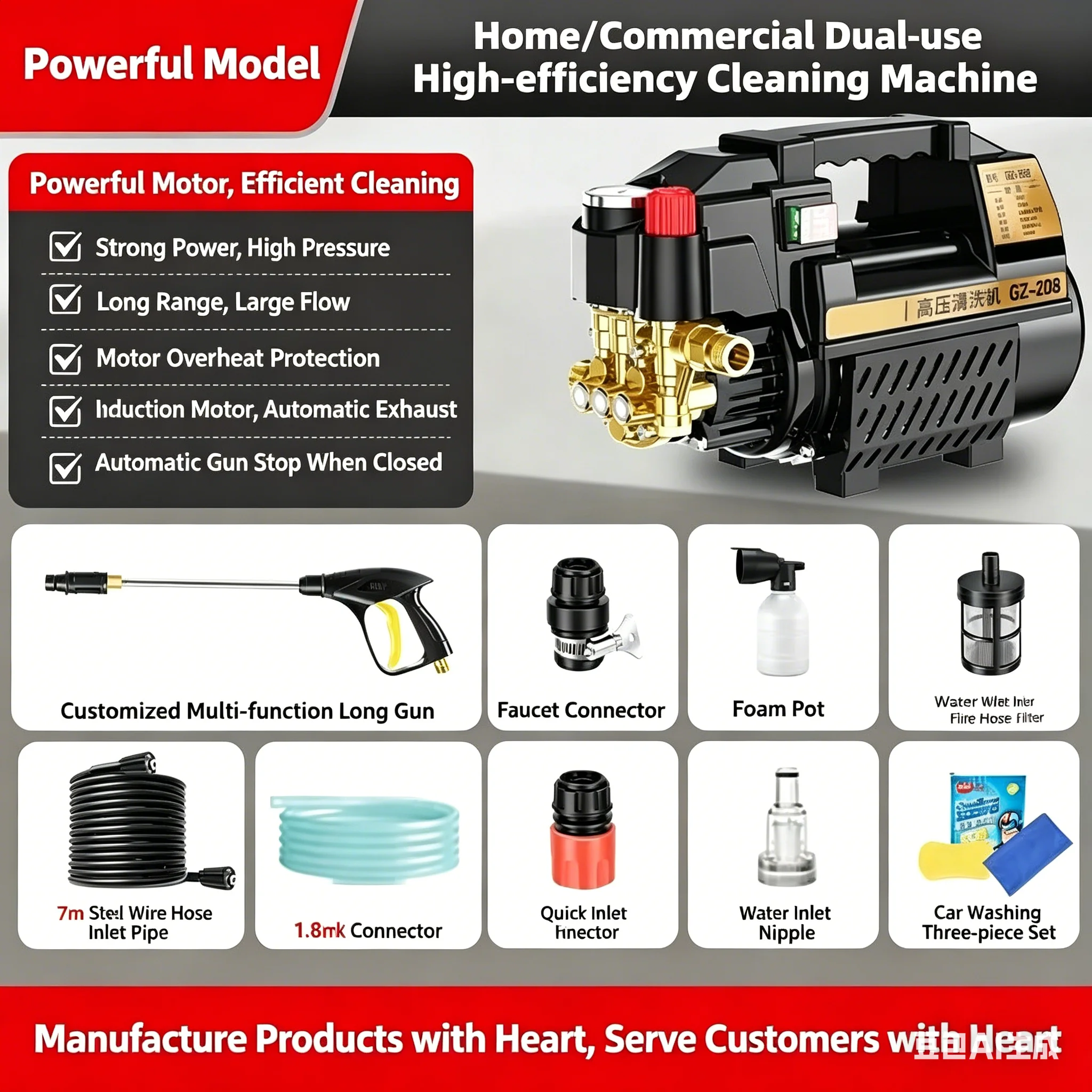 Car Wash Machine High Power 4800W Adjustable Pressure 220V With Long Gun Cleaning Machine Car Washer Water Gun Water Pump