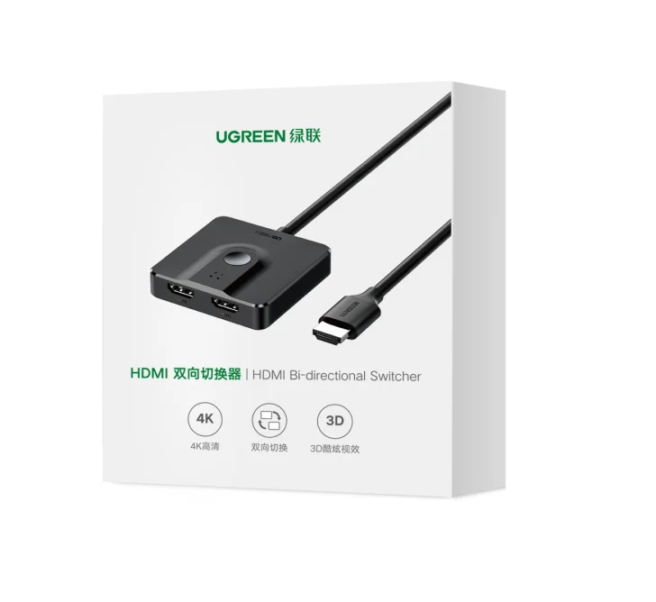 UGREEN HD-MI 스위치 4K@60Hz (3.3피트 HD-MI 케이블 포함) 양방향 분배기 2입력 1출력 HD-MI 스위처 박스