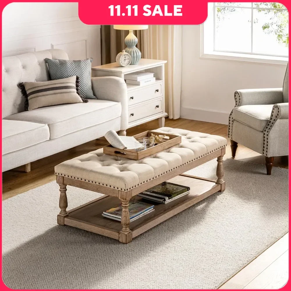 Coffee Table with Tray, Tufted Ottoman with Solid Wood Storage Shelf, Upholstered Large Footrest Ottoman, Living Room Table