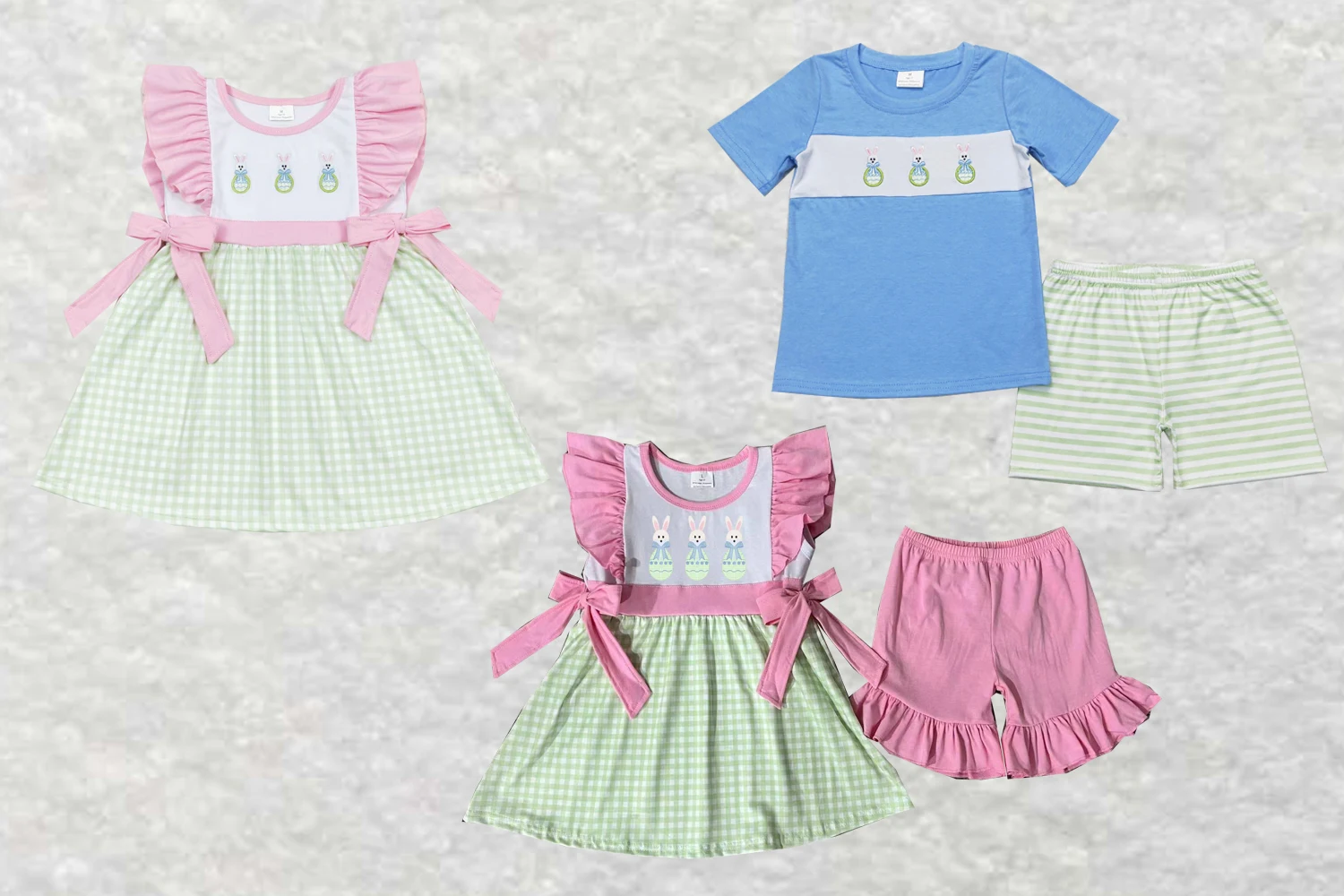 wholesale baby girls and boys clothes Embroidered bowknot egg rabbit blue short sleeve green white striped shorts suit