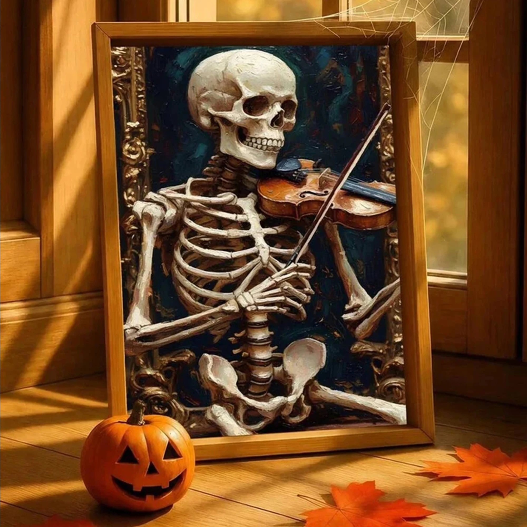 Retro Skeleton Playing Violin Halloween Wall Art Print Canvas Painting Poster Picture For Living Room,Bedroom Home Decor