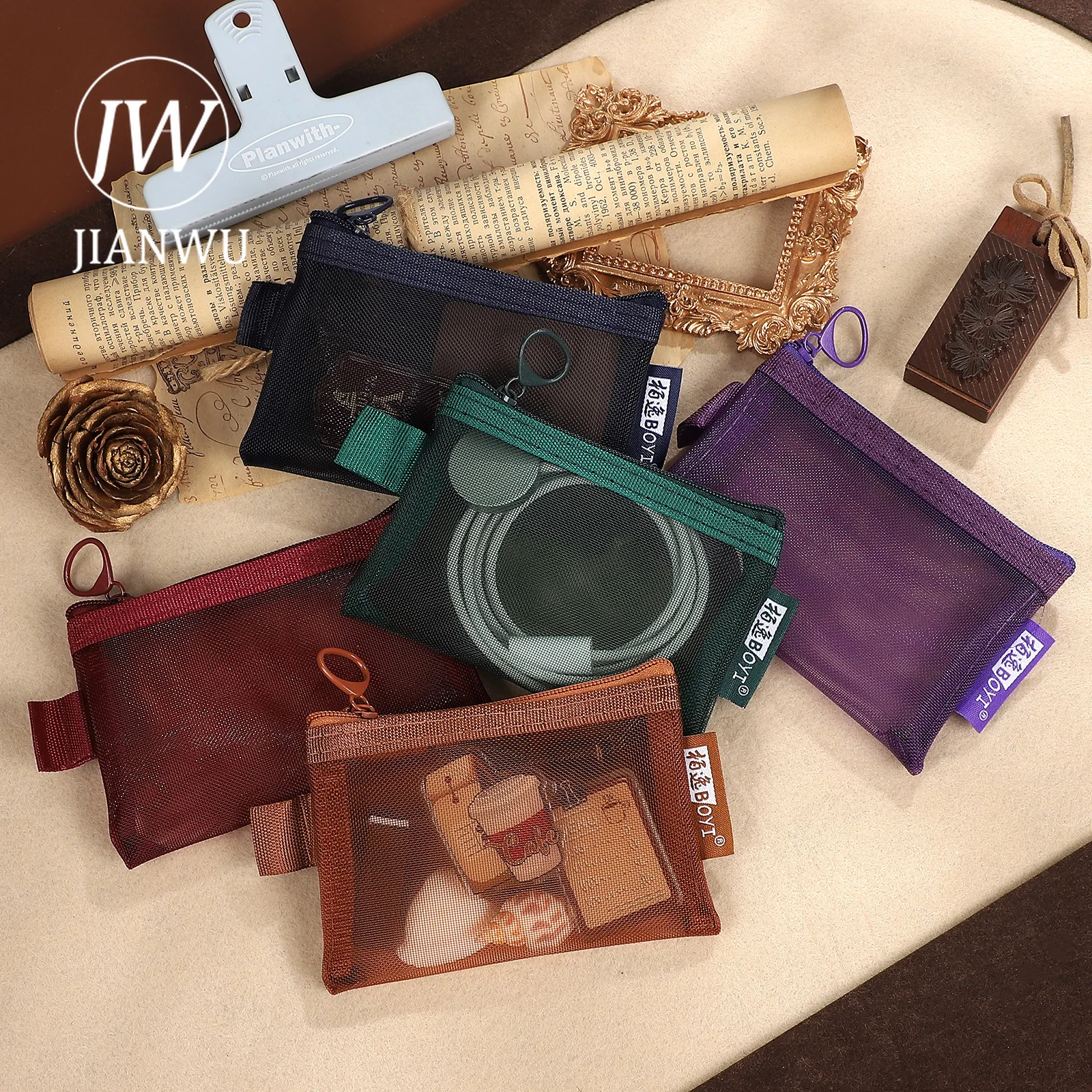 JIANWU5 Pcs/set Vintage Colorful Transparent Mesh Nylon Material Collage Storage Bag Creative Journal Student Supplie Stationery