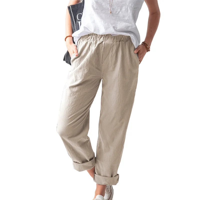 

2023 Women Pants Cotton Linen Solid Straight Pants Elastic Waist Casual Pants for Women