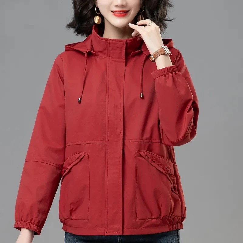 

2025New Spring Autumn Women Jacket Coat Korean Ladies Solid Lining Windbreaker Female Basic Coat Outwear Hooded Short Jacket 4XL