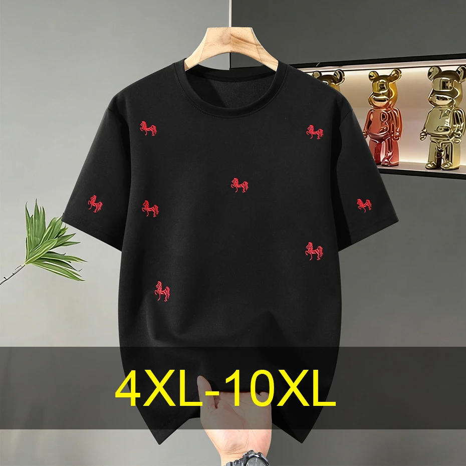 

Футболка большого размера 10XL для мужчин, летняя, с коротким рукавом, модная повседневная футболка с вышивкой в виде лошади, мужская футболка большого размера 10XL