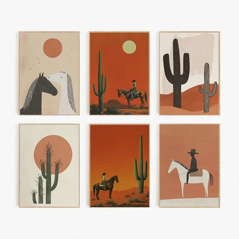 Póster minimalista de Cactus, vaquero del desierto, caballo occidental, salvaje, tierno, impresión de imágenes artísticas de pared, pintura en lienzo, regalo de decoración del hogar para habitación