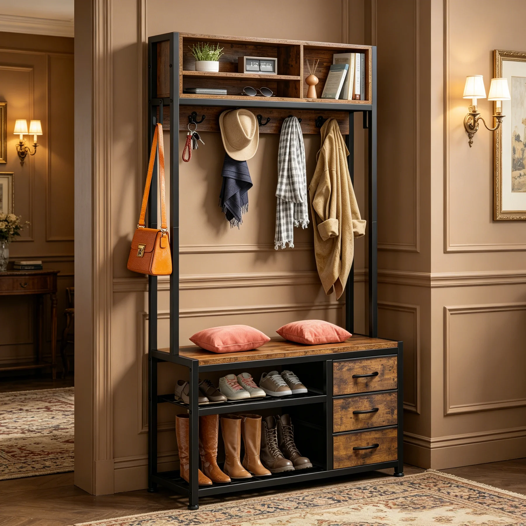 Industrial Farmhouse Entryway Hall Tree with Storage Bench & Shoe Shelf - Heavy-Duty Wood Coat Rack Suitable for Apartment, Hallway, Bedroom, Space-Saving Furniture with 12 Hooks, 3 Fabric Drawers, Open Cubbies & Double Shoe Storage for Coats