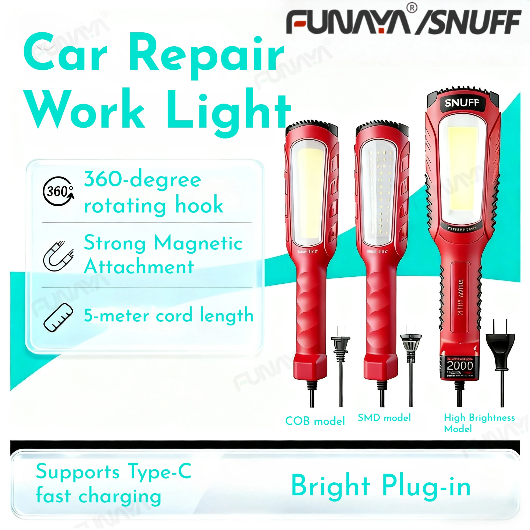 FUNAYA Riparazione auto forte lavoro luce luminosa 2000 lumen rotazione a 360 gradi gancio magnete plug-in illuminazione cablata per riparazione auto