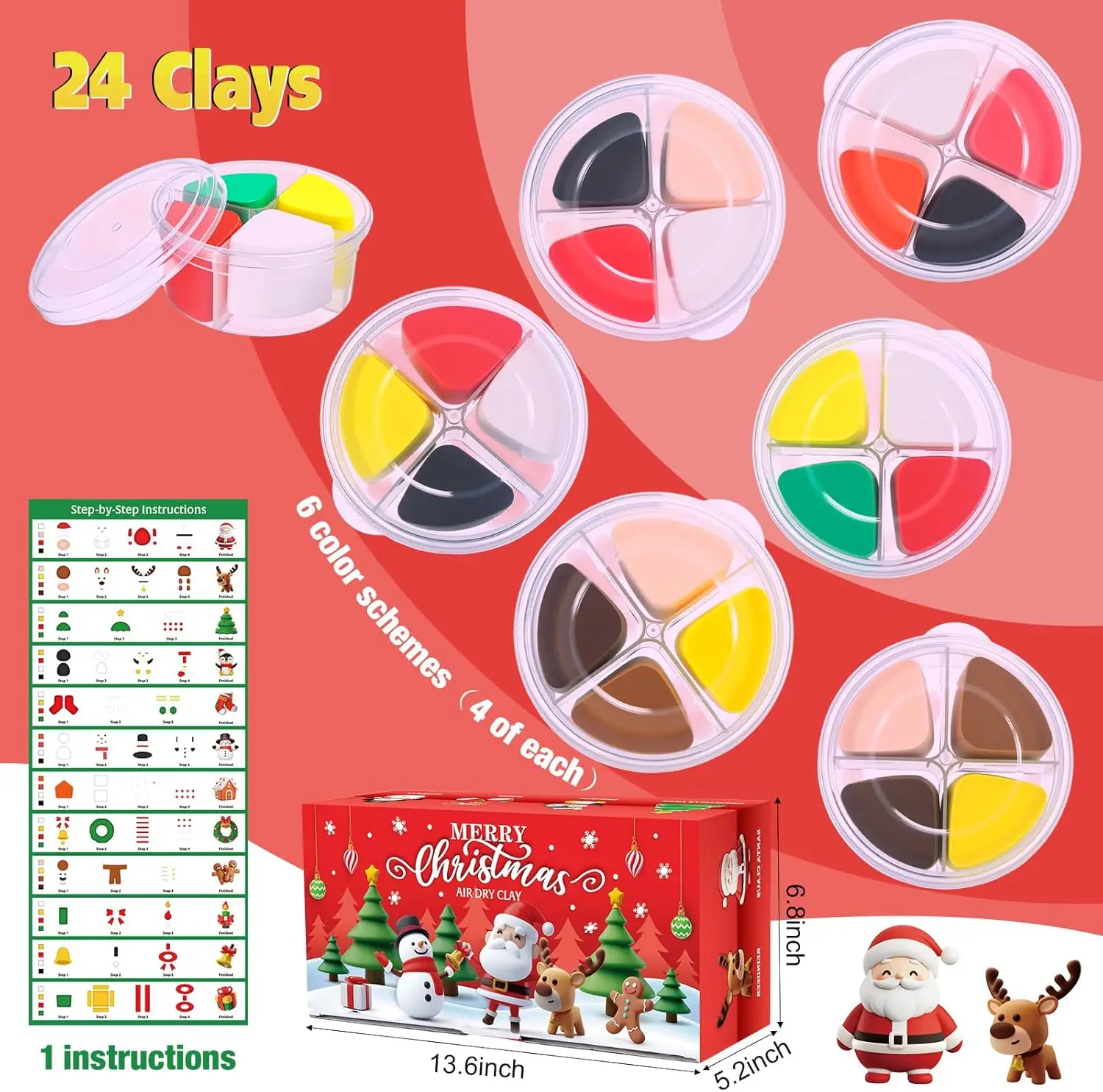 DIY Christmas Air Dry Clay Kits 24 Pcs Modeling Magic Clay with Tutorials Santa Snowman Gifts Xmas Party Favors Supplies