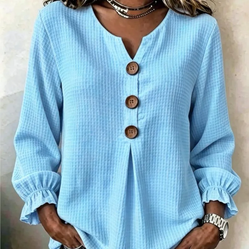 MsChuh Long Sleeved Top For Women Autumn New Waffle Solid Color With Loose And Comfortable Ruffle Sleeves Slimming Casual Tops 6