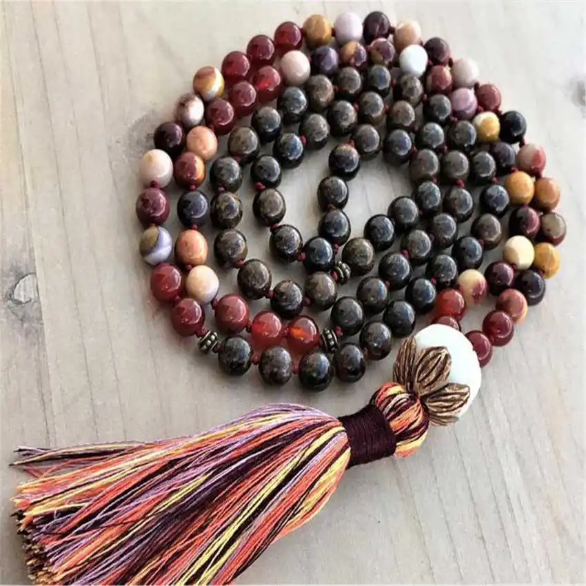 

Natural Tiger's Eye & Red Agate Mala Beads Necklace 108 Beads with Multi-Color Tassel Healing Crystal Jewelry