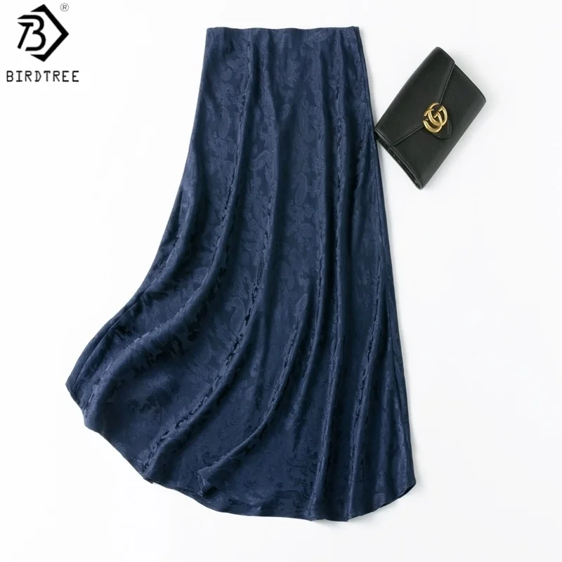 

BirdTree 19MM 92% Mulberry Silk 8% Spandex Jacquard Skirt,Women Bias-cut Elastic Waist Skirts, Autumn Fishtail Dresses D59802JF
