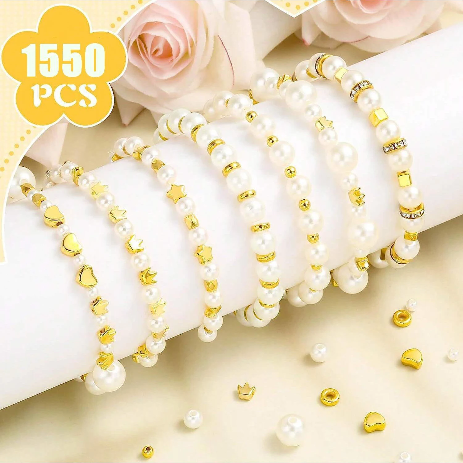 1550pcs Imitation Pearl Golden Plated Spacer Beads Kit
