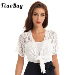 Womens Elegant Shawls Wraps Hollow Out Lace Cardigan Bolero Jacket Short Sleeve Lace-up Crop Top Beachwear Bridal Cover Ups