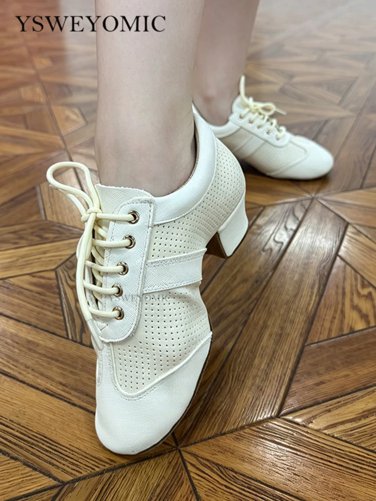 New Women's Genuine Leather Latin Dance Instructor Shoes White  Soft Sole National Standard Designed for Indoor Practice Dance