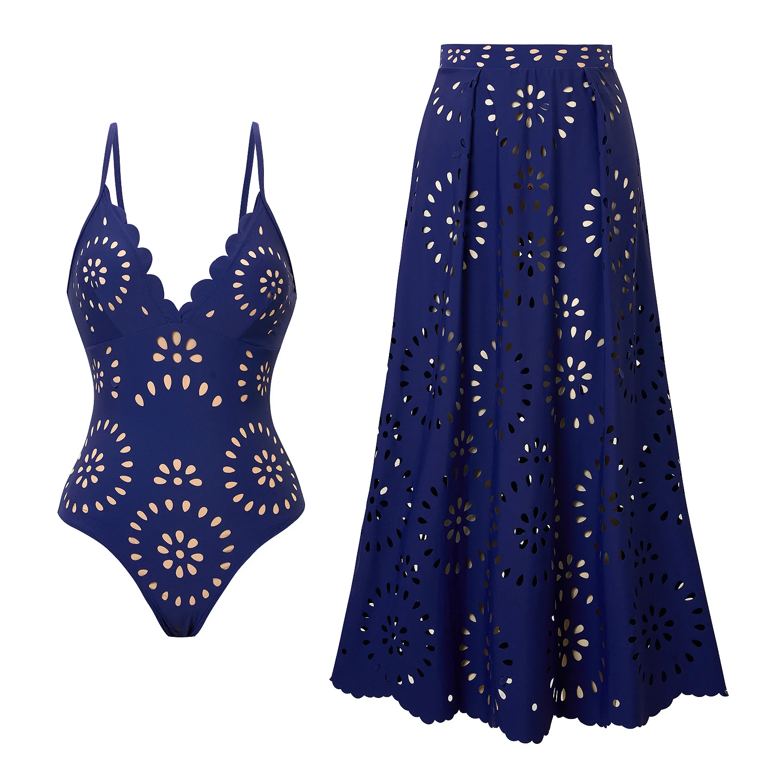 2025 new popular solid color sexy laser cut swimsuit women's one-piece two-piece swimsuit set