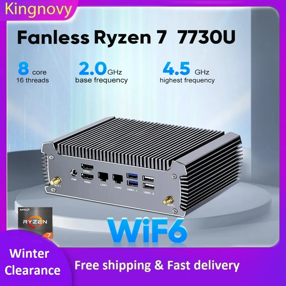 AMD Mini PC Fanless Ryzen 7 7730U 5800U FU02 Mini Gamer Computer Windows 11 desktops Dual LAN Firewall PC 2*HD NVMe DDR4 WiFi6