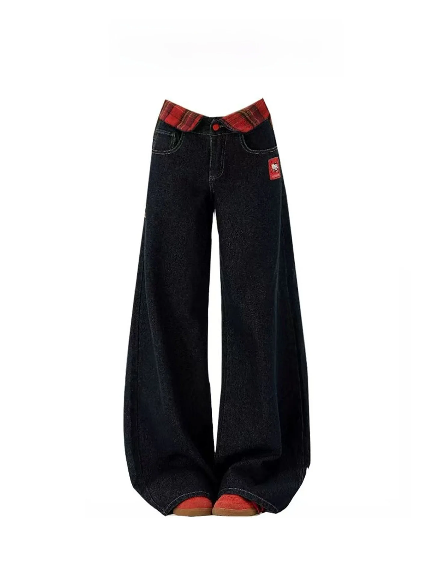 

Джинсы для девочек с вышивкой в американском стиле, женские летние джинсы нового дизайна с высокой талией, утягивающие клетчатые прямые широкие брюки