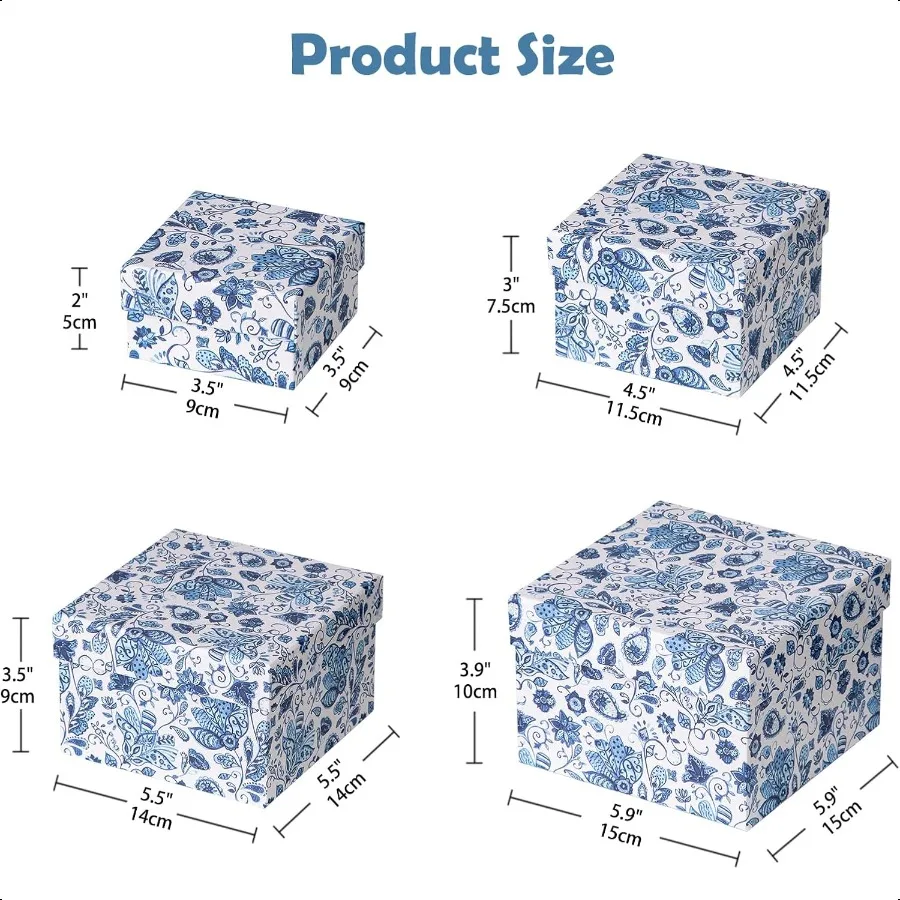 Square Gift Boxes with Lids 4PCS Blue Flower Print Gift Box for Presents Nesting Assorted Sizes Present Boxes for Christmas Bir