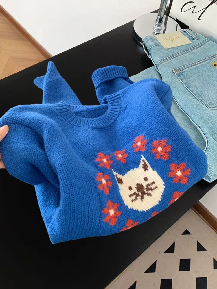 Women Cartoon Cute Sweater Loose Sweet Floral Preppy Style Knitted Jumper Fall Winter Vintage Loose Lazy Wind Female Kawaii Tops