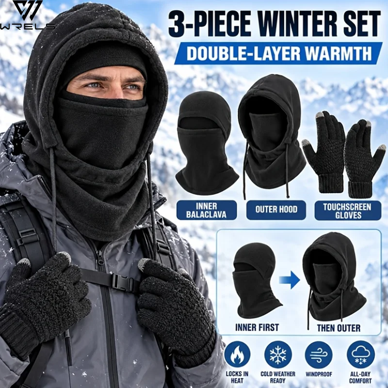 Winter Windproof Polar Fleece Balaclava Hat Unisex Knitted Thermal Thick Cycling Gloves Mountaineering Skiing Full Face Mask
