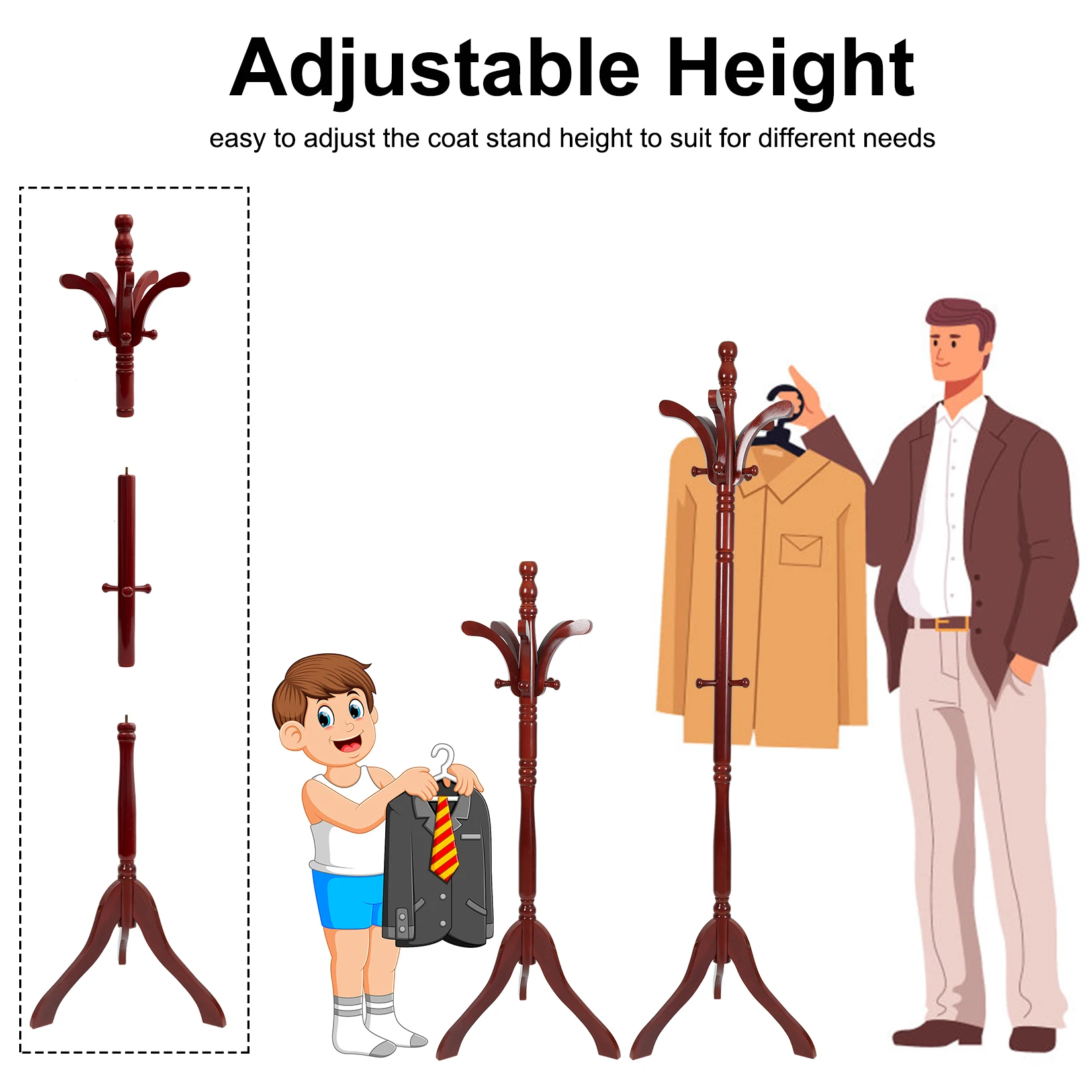 Wooden Coat Rack Stand Height Adjustable Hall Tree Entryway Clothes Rail image 4