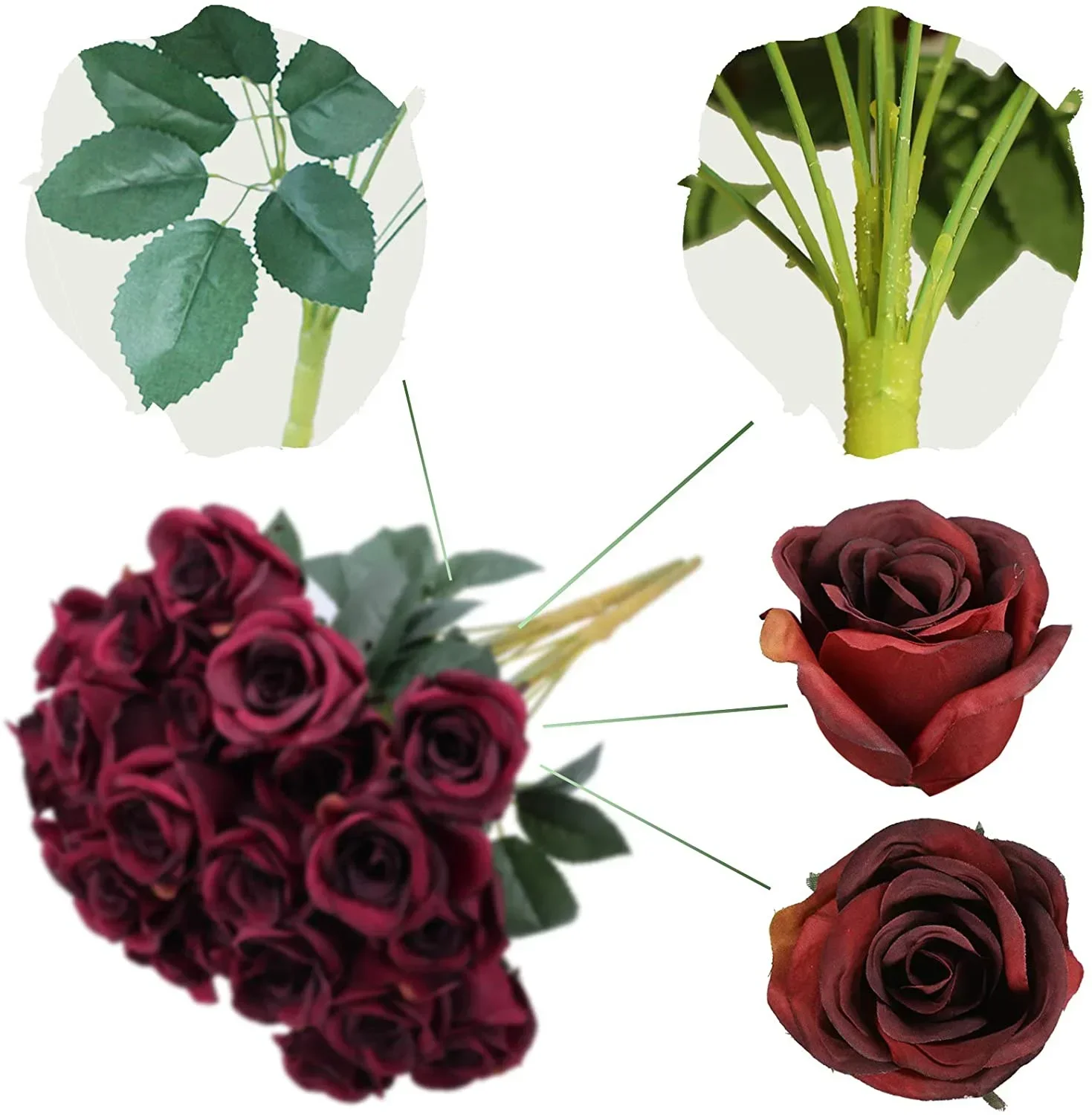 1pack 12 heads Artificial Burgundy Flowers Silk Faux Mother's Day Bouquet Vintage Rose for DIY Table Centerpiece Party Decor