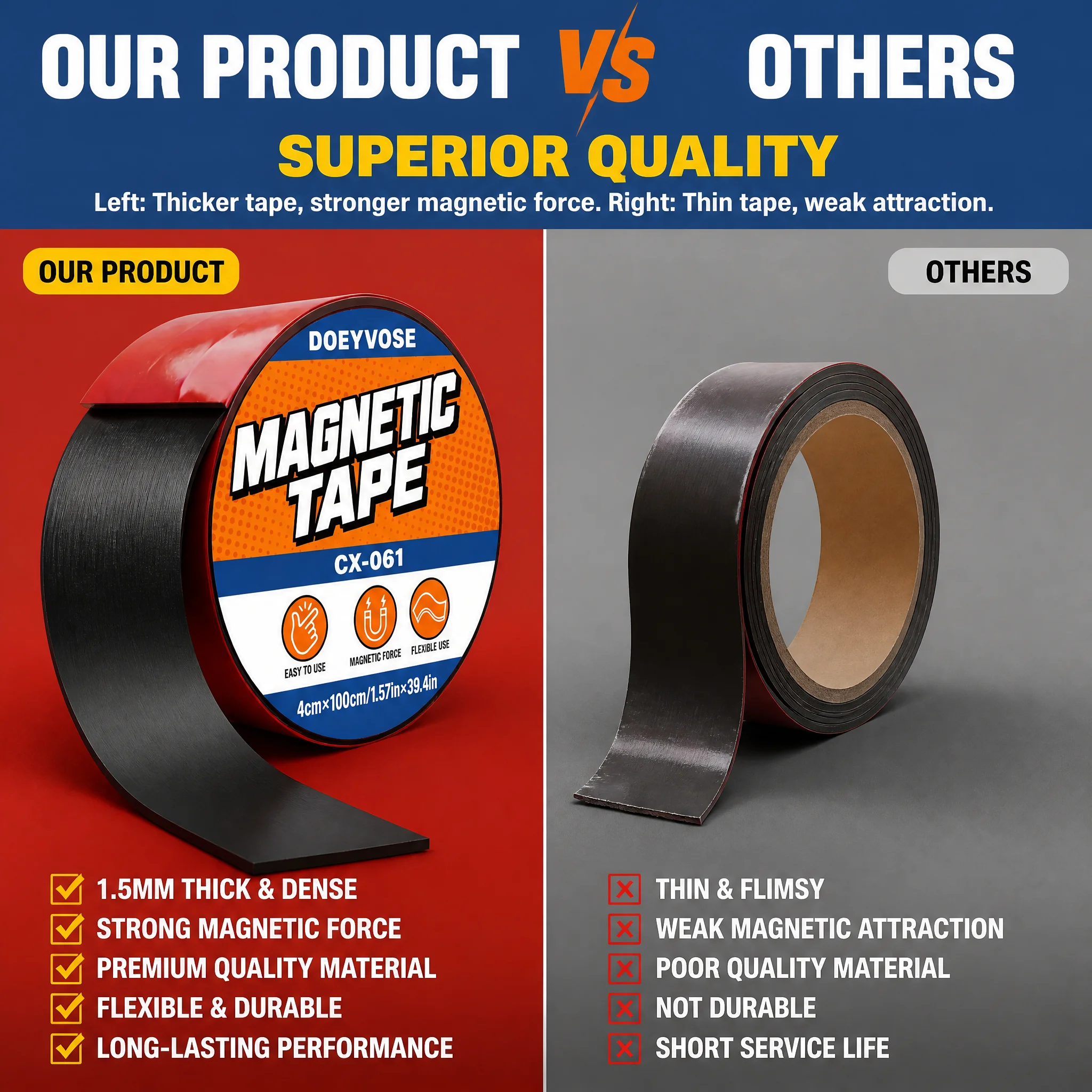 Heavy‑Duty Flexible Magnetic Tape With Adhesive Backing 1 Meter