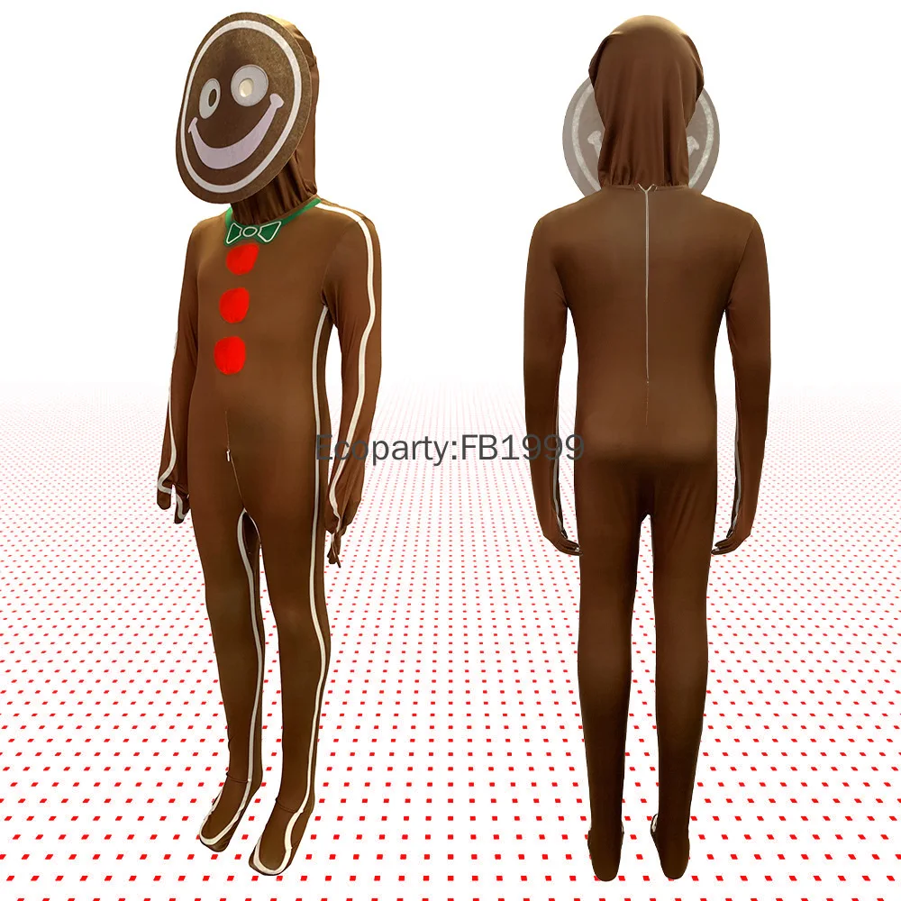 Adult Kids Gingerbread Man Cosplay Costume Boy Girls Christmas Brown Gingerbread Cookie Jumpsuits Outfit Purim Carnival Dress Up view 2