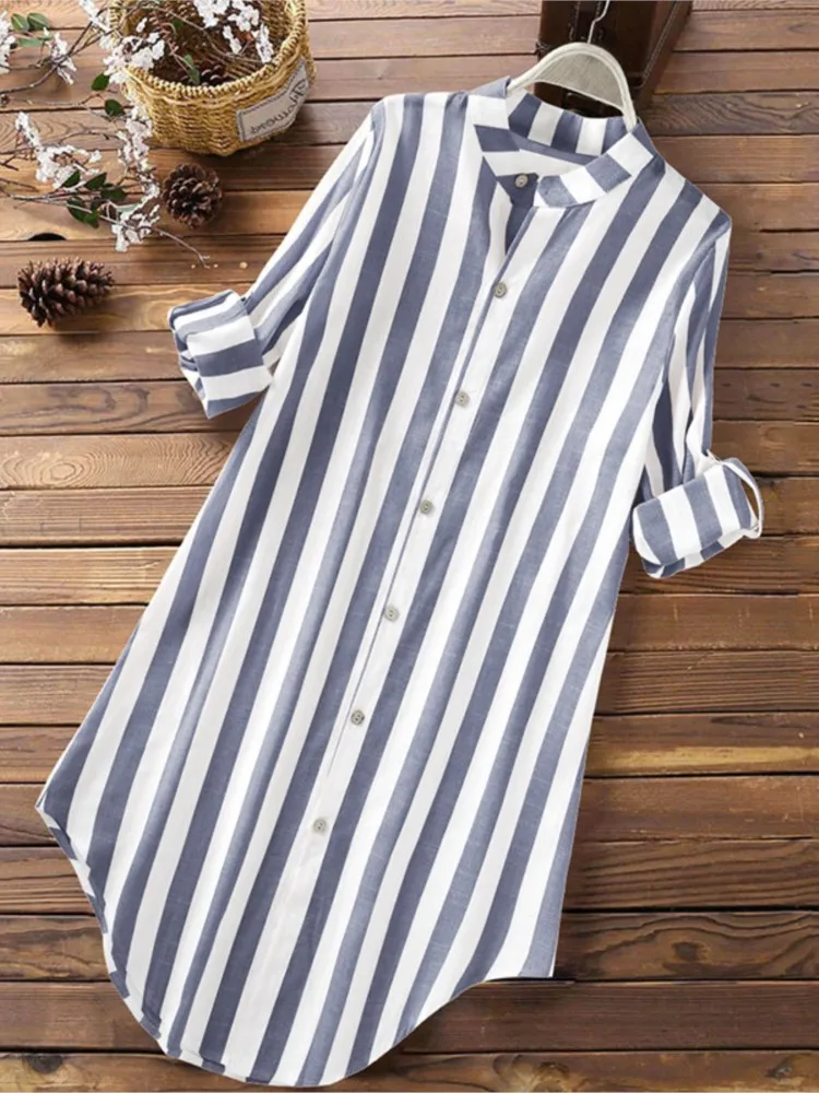 Camicia di lino in cotone a maniche lunghe da donna di nuovo arrivo primaverile Camicetta di media lunghezza con bottoni casual allentati con stampa a righe di moda
